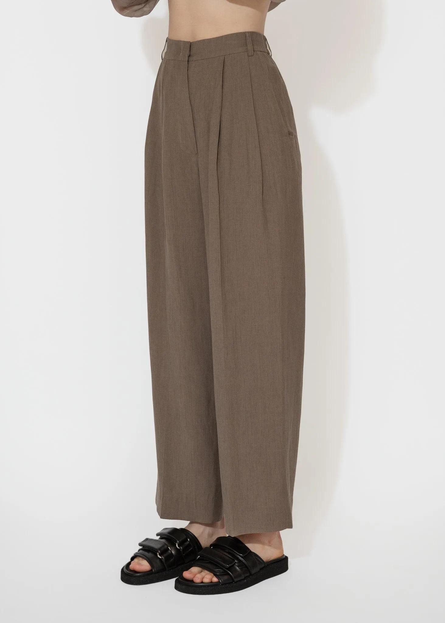 Linen Blend Wide Leg Pants in Dark Tan