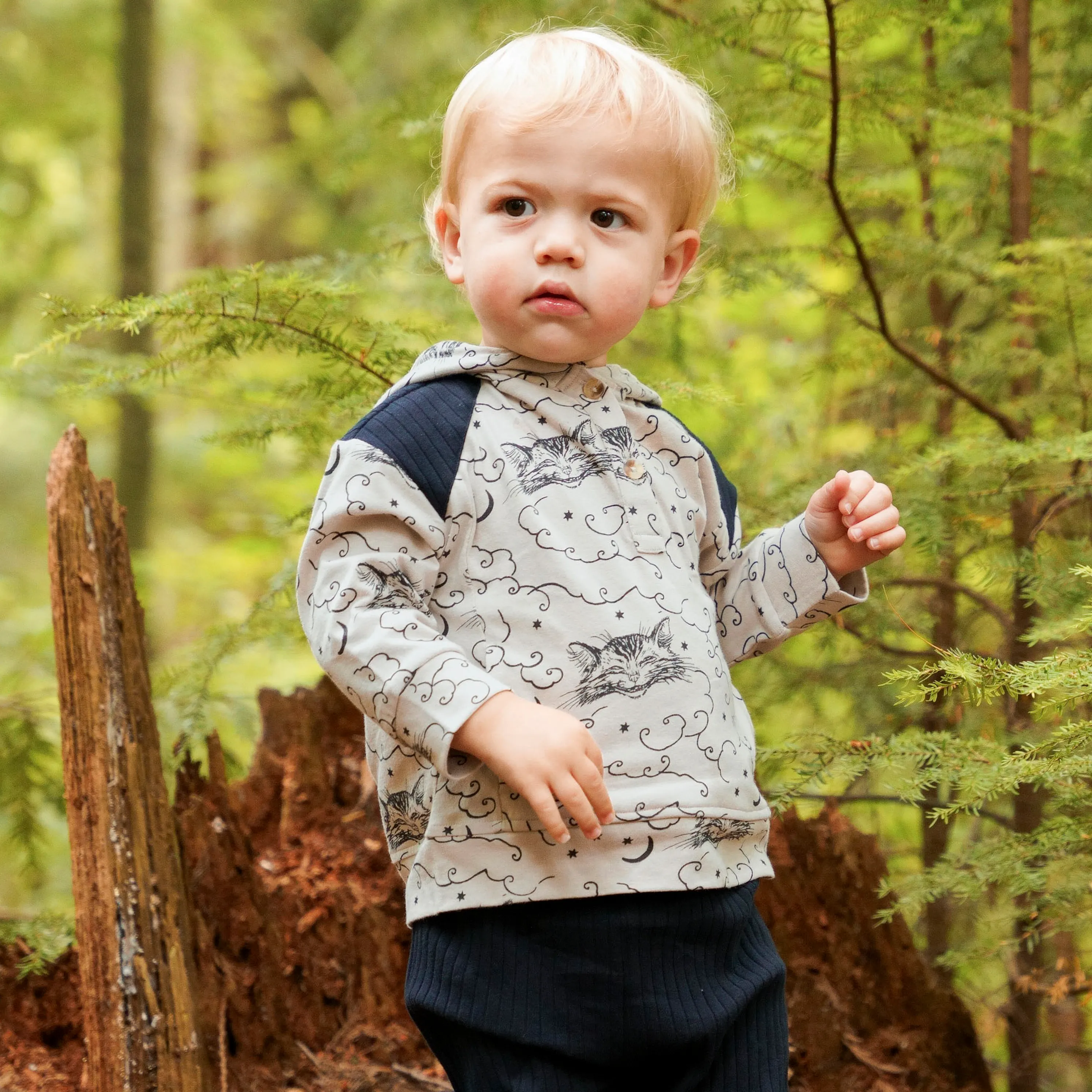 long sleeve color blocked henley hoodie   relaxed pant set | cheshire cat | organic cotton jersey