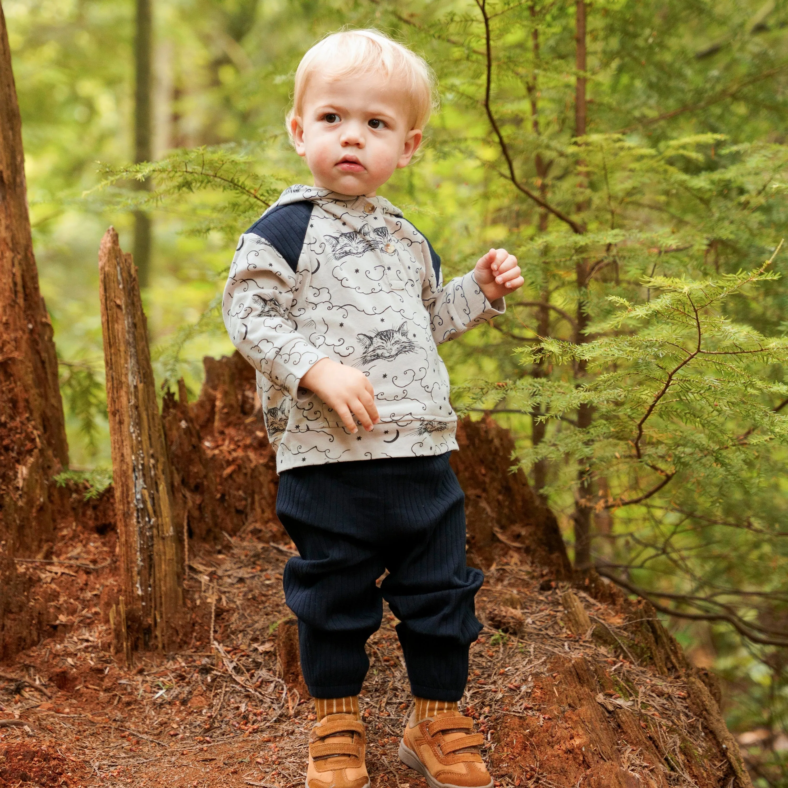 long sleeve color blocked henley hoodie   relaxed pant set | cheshire cat | organic cotton jersey