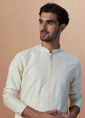 Manyawar Sesame White Self Embroidered Kurta Pajama