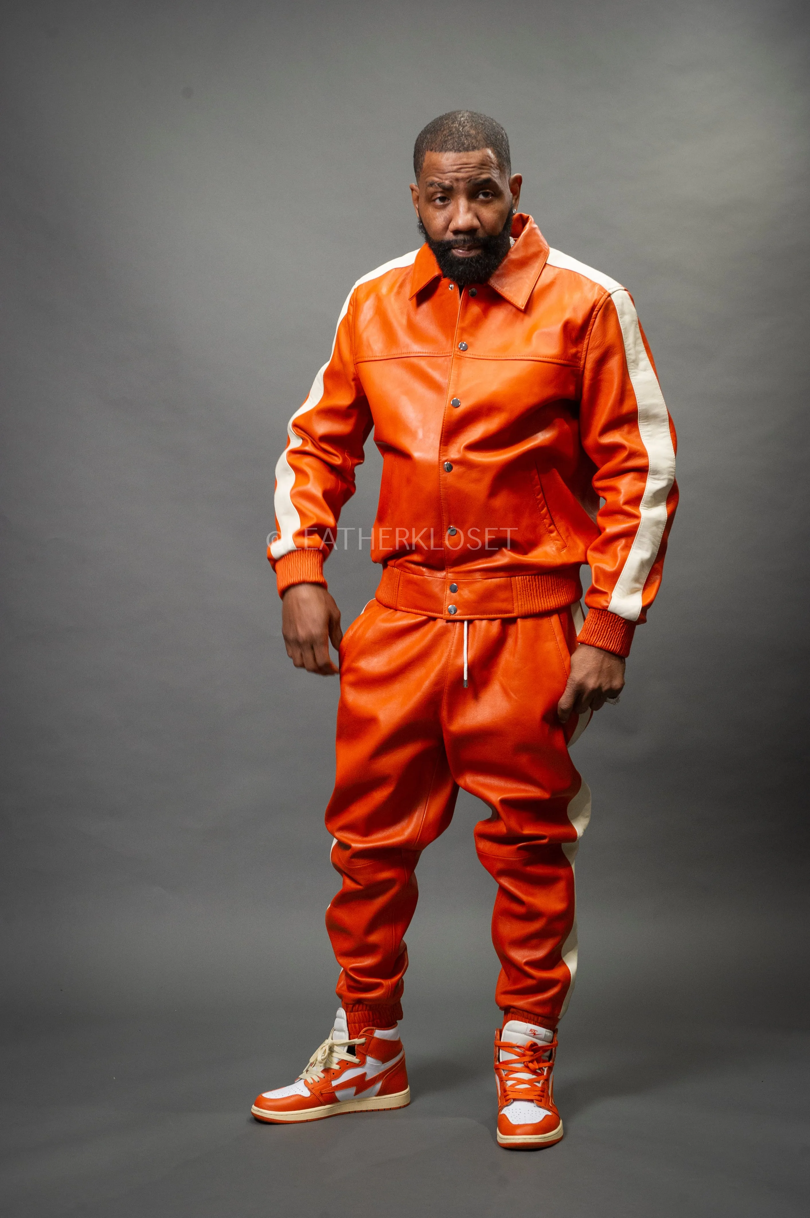 Men's Leather Track Suit Sweatsuit [Orange/Beige]