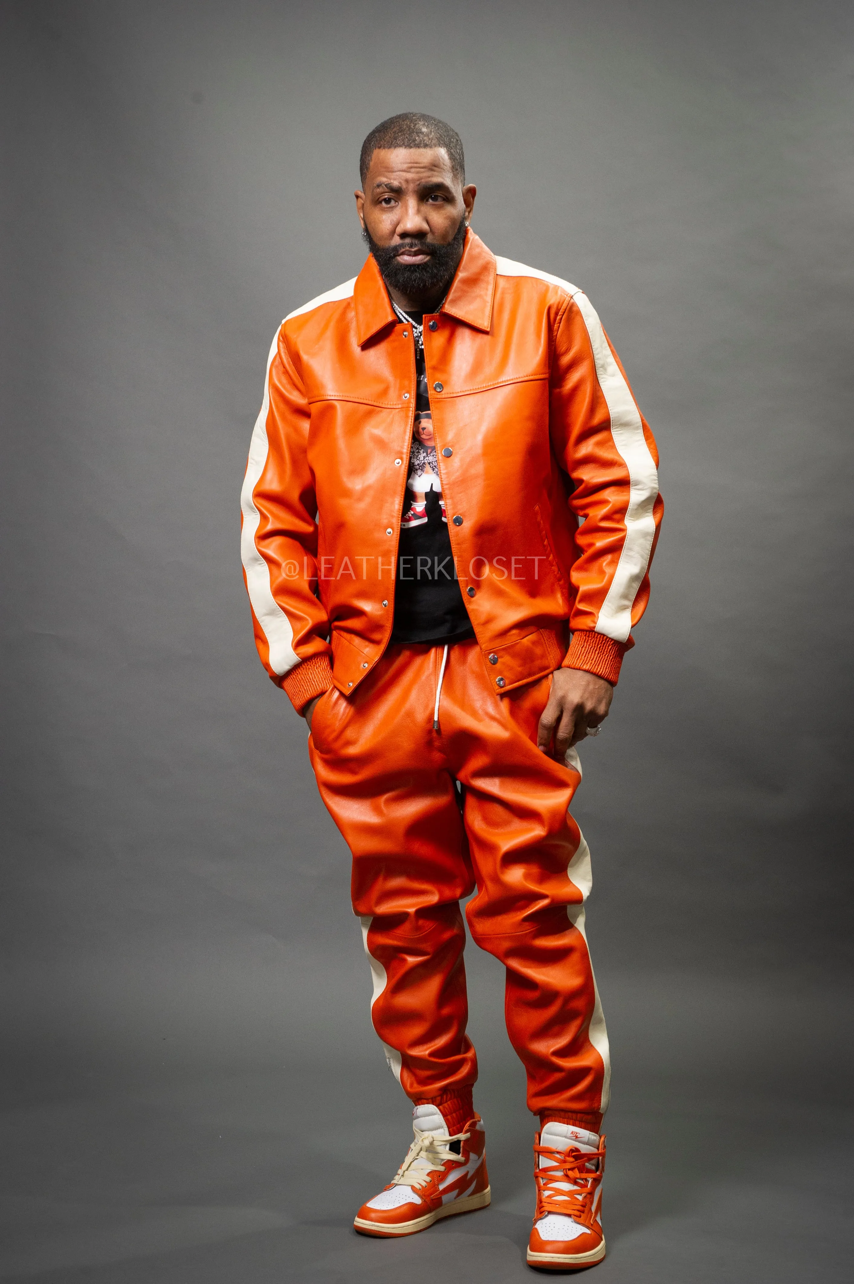 Men's Leather Track Suit Sweatsuit [Orange/Beige]