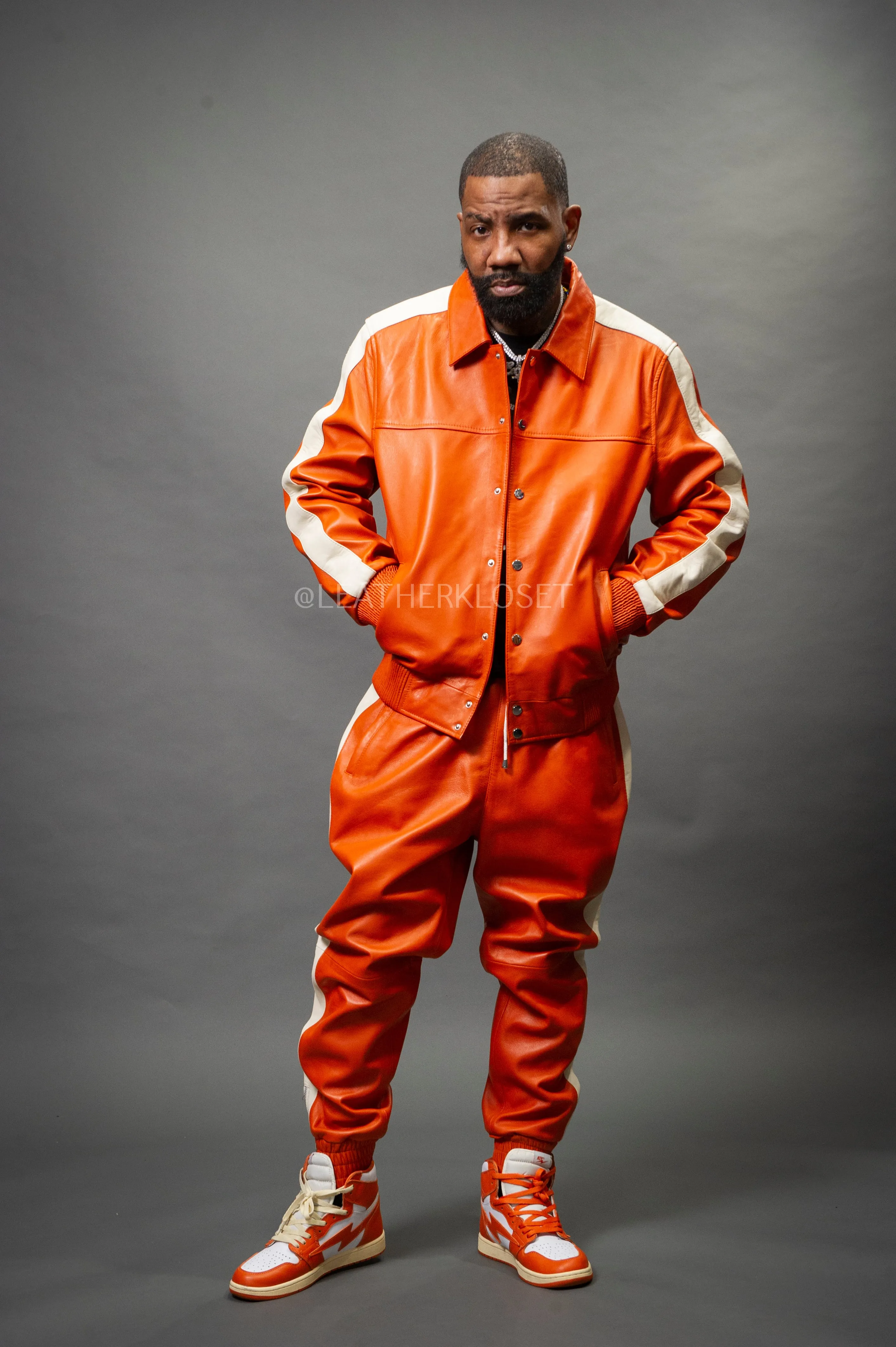 Men's Leather Track Suit Sweatsuit [Orange/Beige]