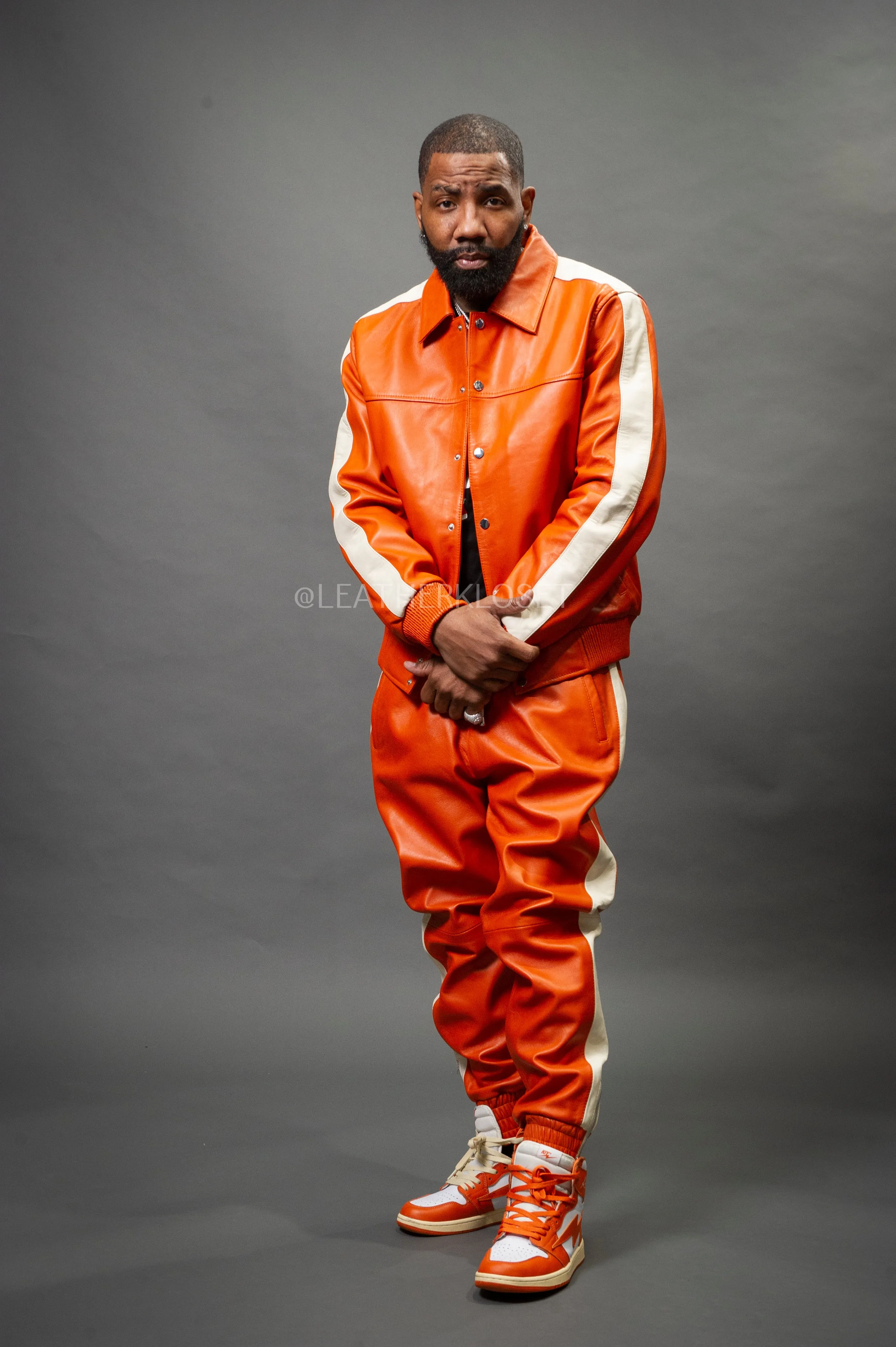 Men's Leather Track Suit Sweatsuit [Orange/Beige]