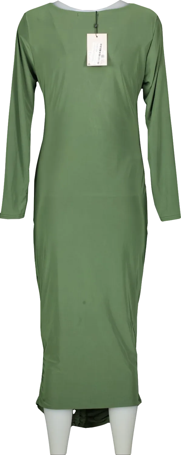 Missguided Green Khaki Long Sleeve Slinky Ruched Midi Dress Bnwt UK 18