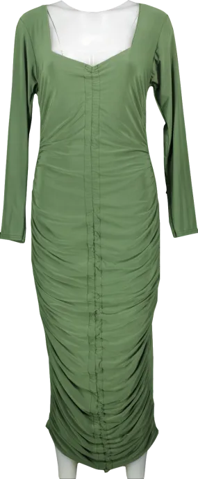 Missguided Green Khaki Long Sleeve Slinky Ruched Midi Dress Bnwt UK 18