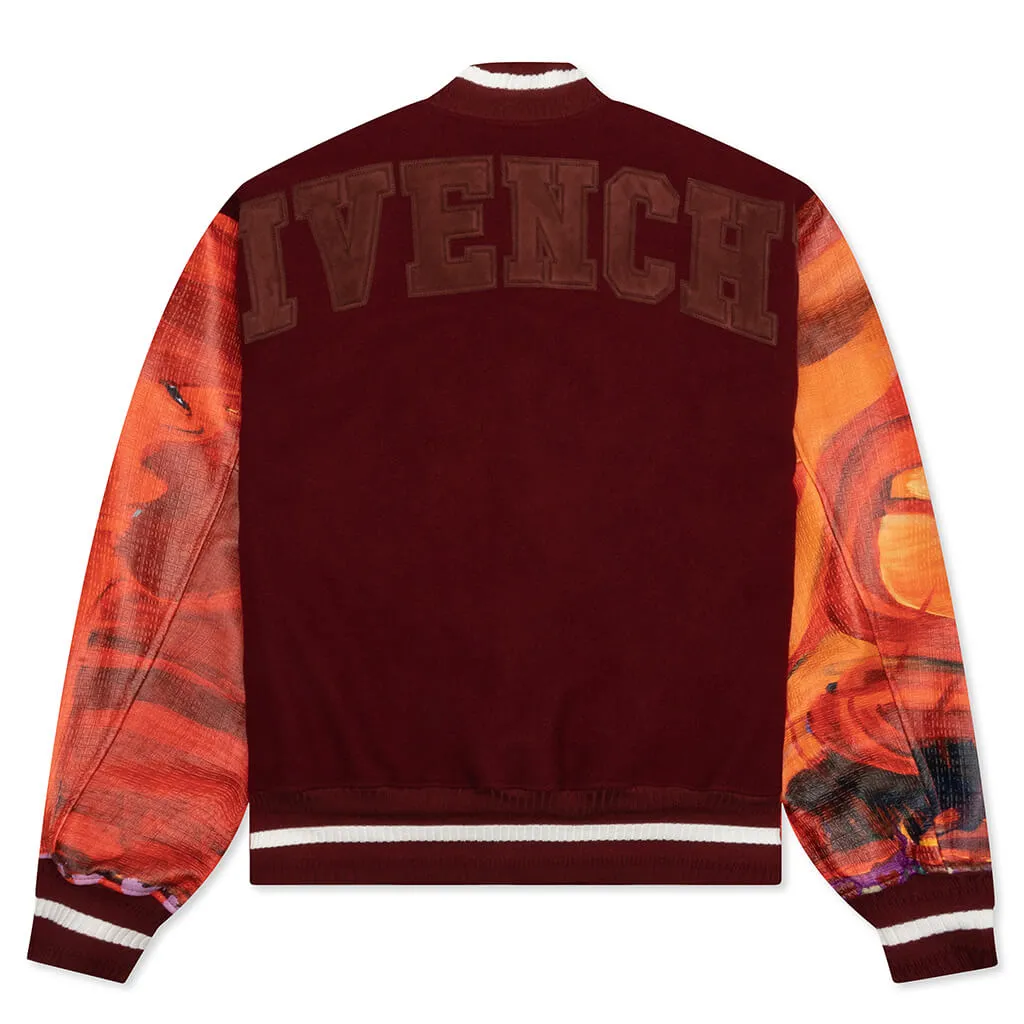 Mix Material Leather Bomber w/ Embroidery - Red/Burgundy