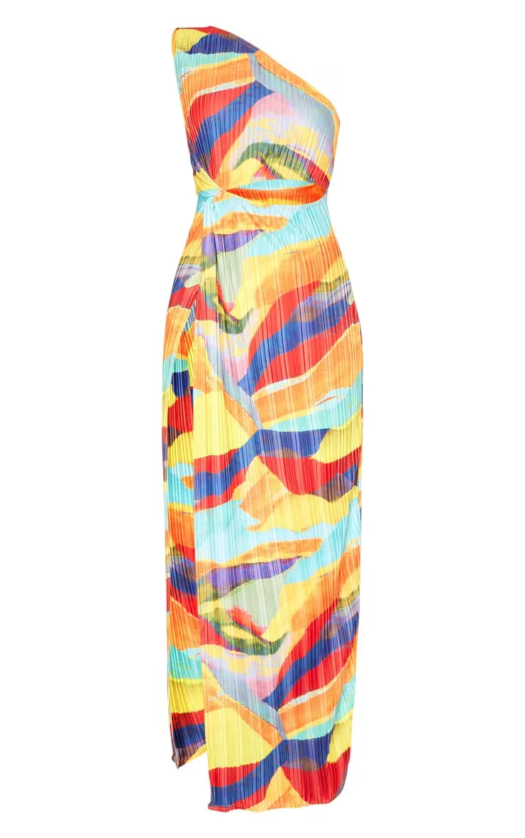 Multi print plisse knotted split detail maxi dress