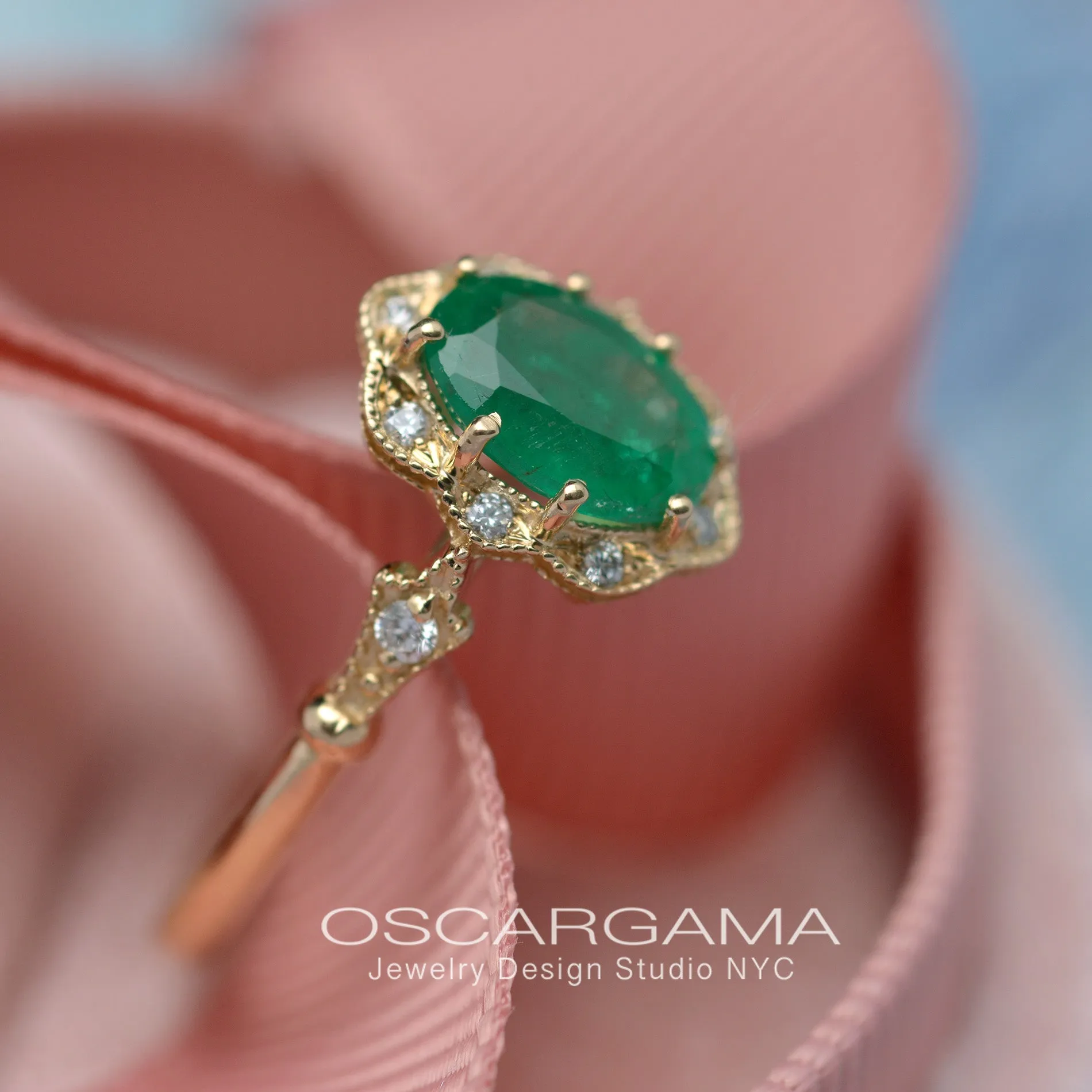 Natural Green Zambian Emerald in a Daisy Oval engagement ring