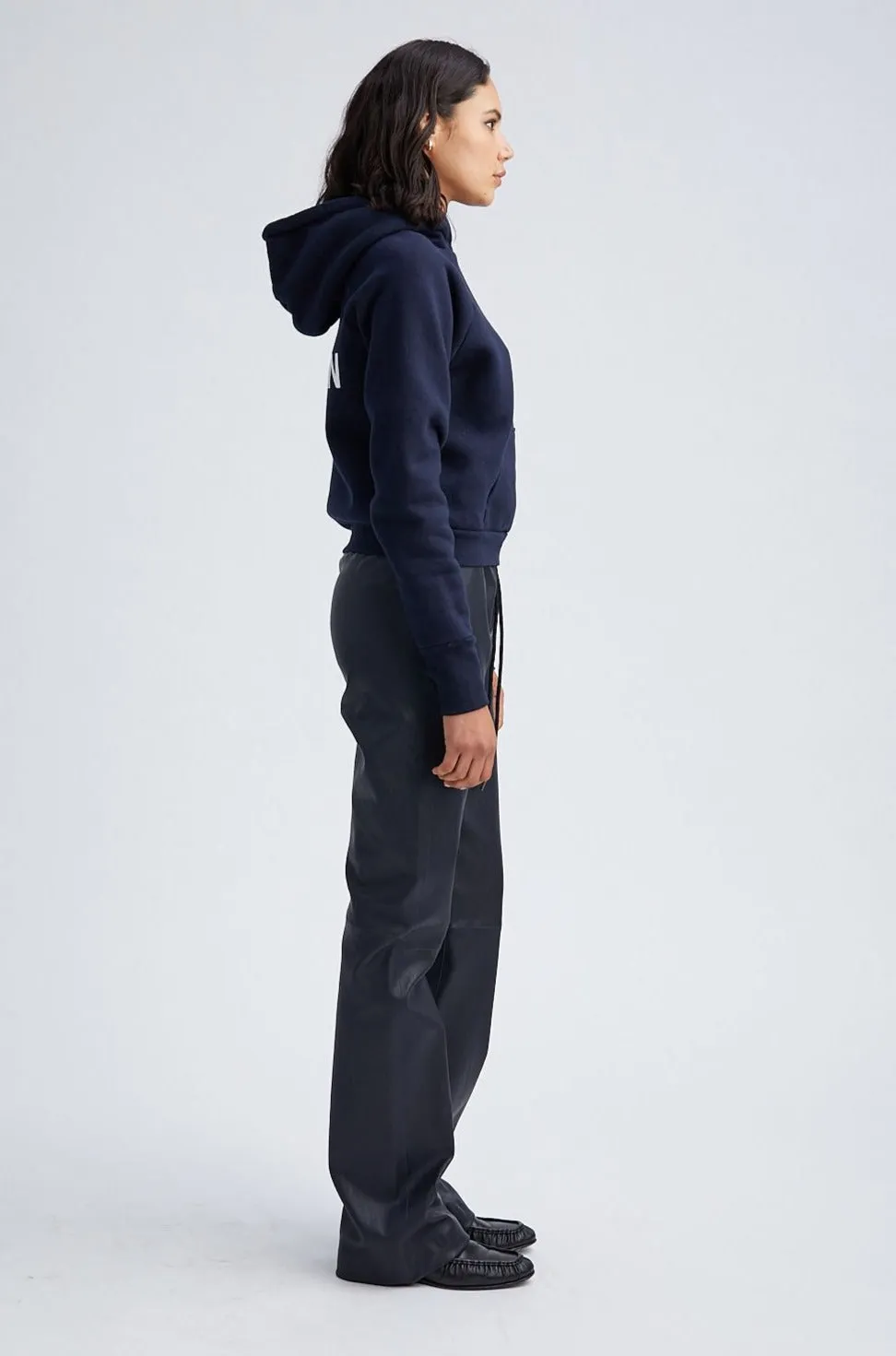 Navy Leather Drawstring Straight Leg Pants