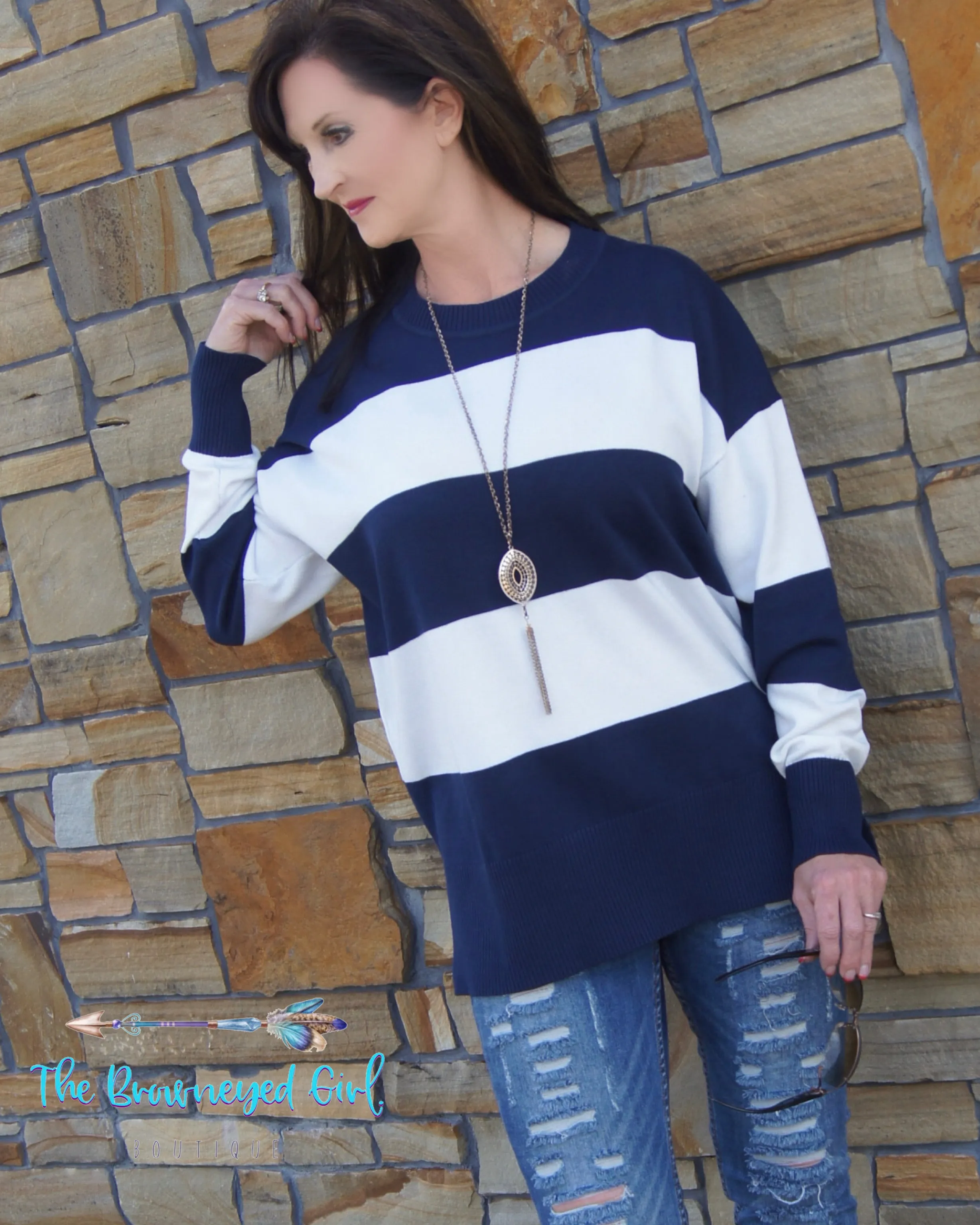 On The Go Color Blue And White Stripe Sweater