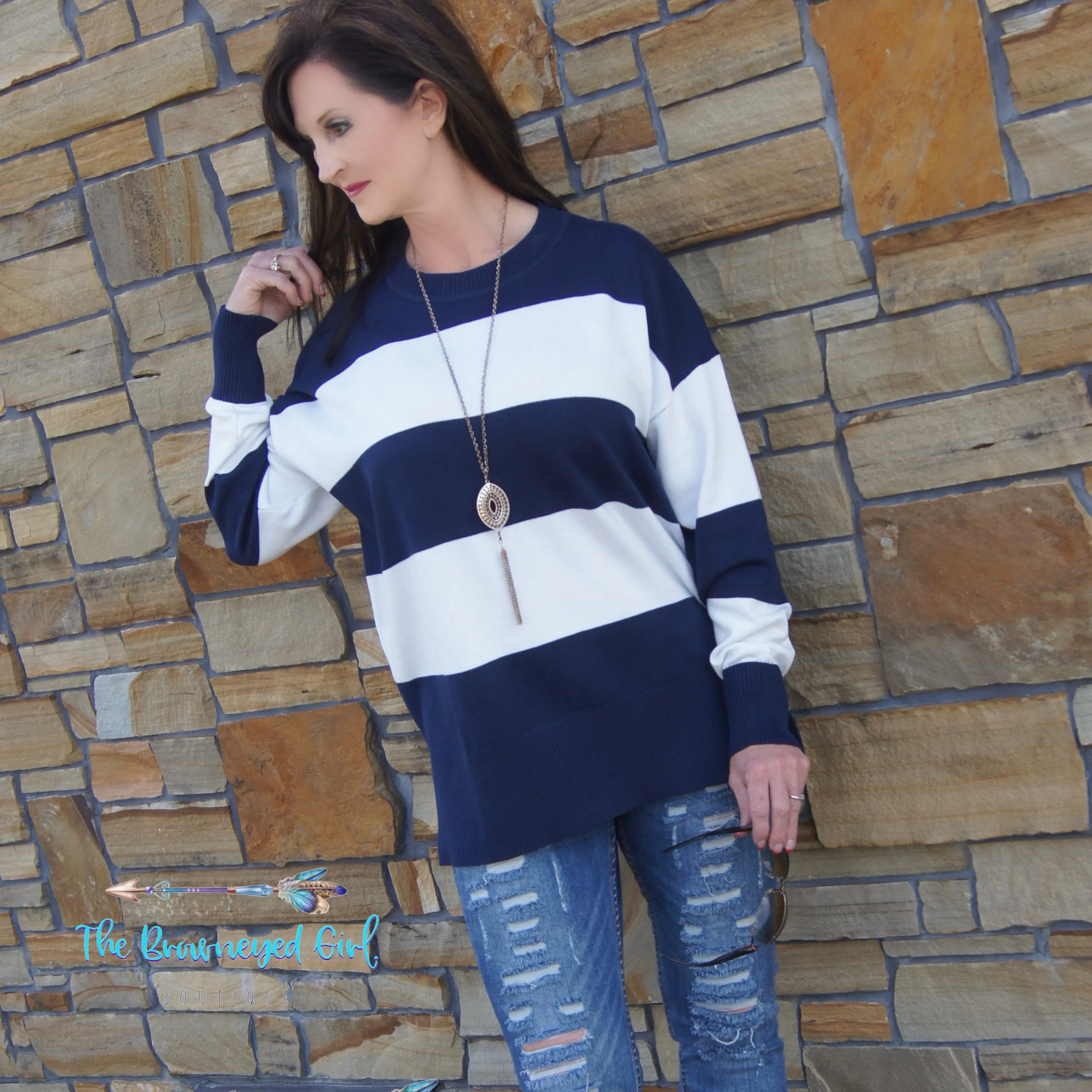 On The Go Color Blue And White Stripe Sweater