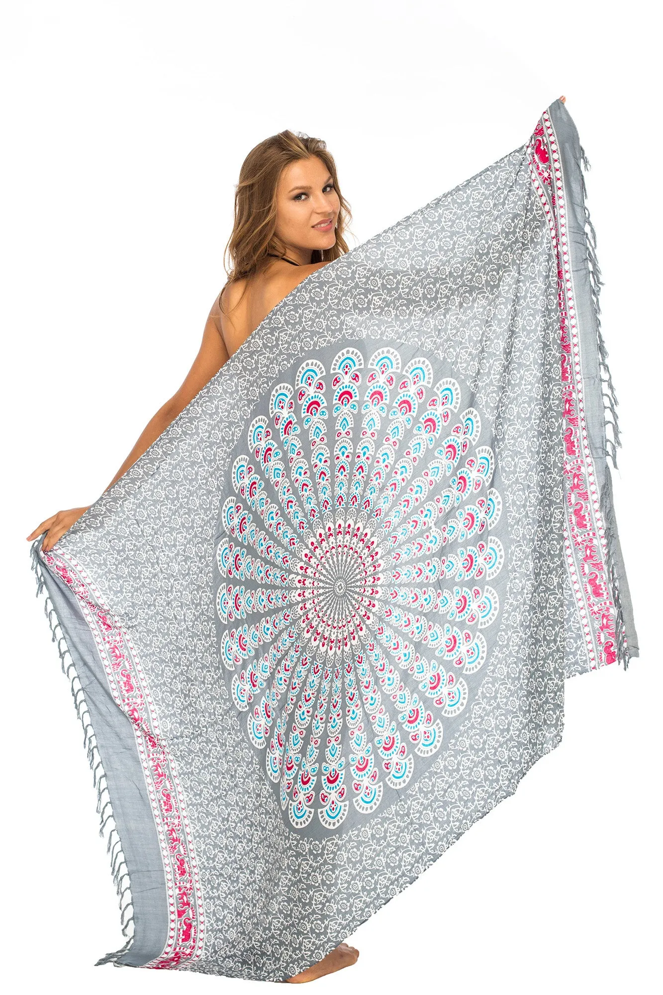 Peacock Print Sarong Cover up Wrap & Clip