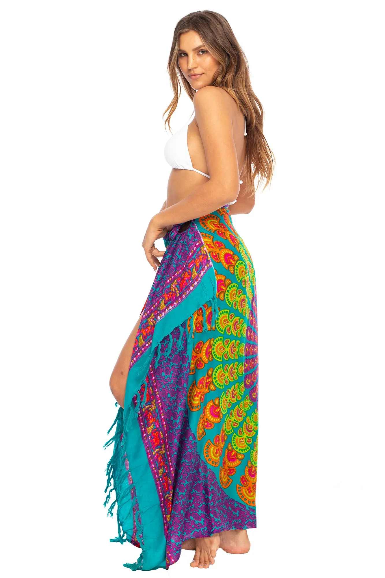 Peacock Print Sarong Cover up Wrap & Clip