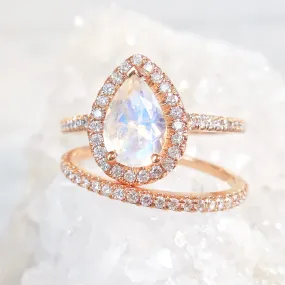 Pear Moonstone Halo Ring - Moonstone Diamond Engagement Ring or Wedding Set - Moonstone Wedding Set