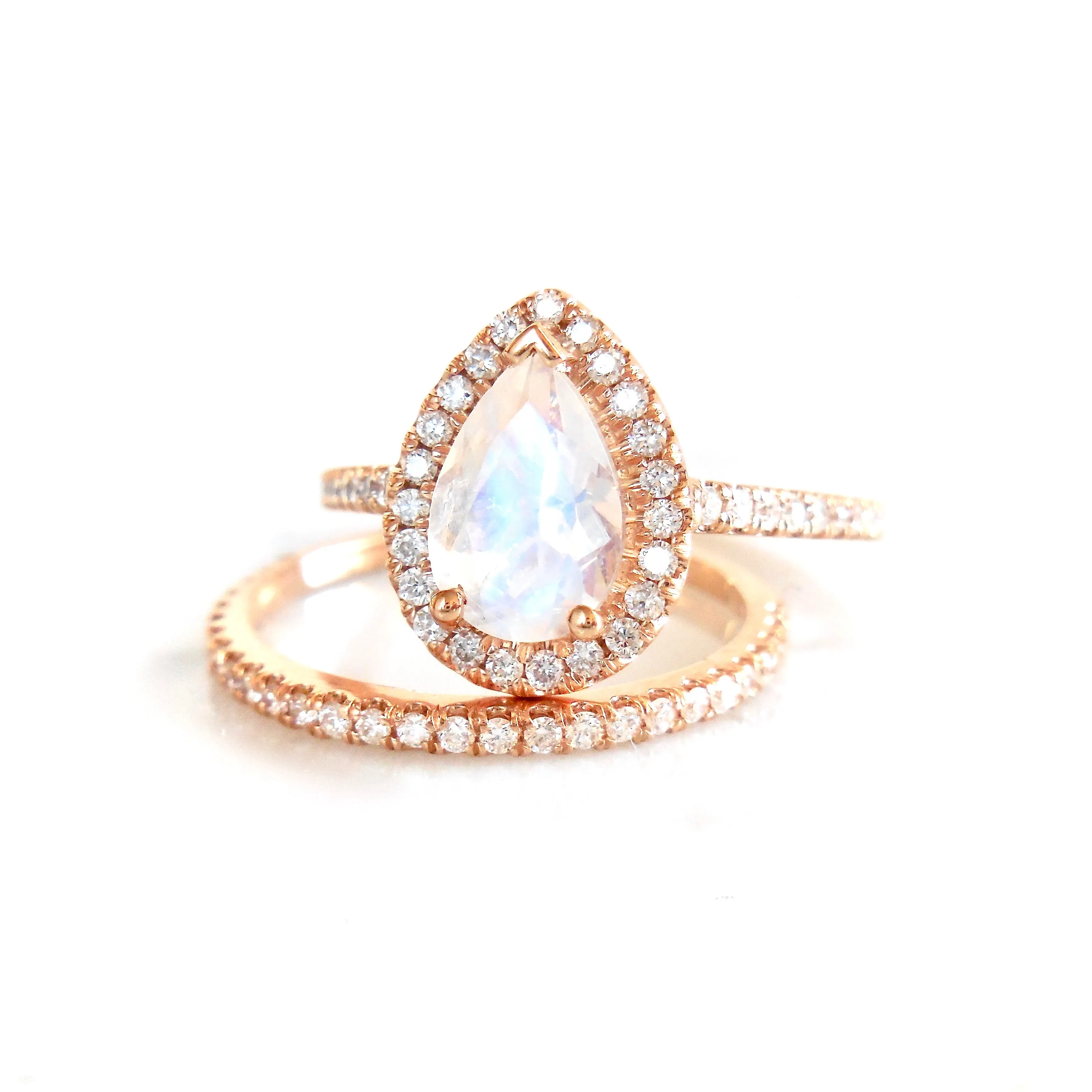 Pear Moonstone Halo Ring - Moonstone Diamond Engagement Ring or Wedding Set - Moonstone Wedding Set