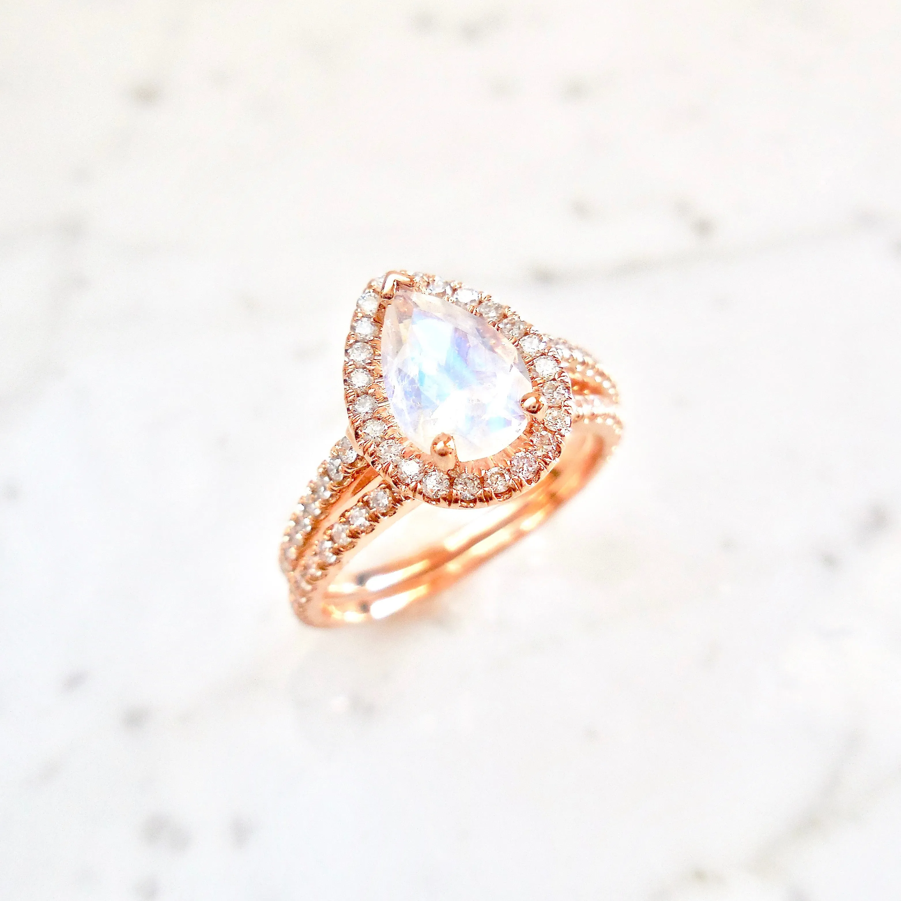 Pear Moonstone Halo Ring - Moonstone Diamond Engagement Ring or Wedding Set - Moonstone Wedding Set