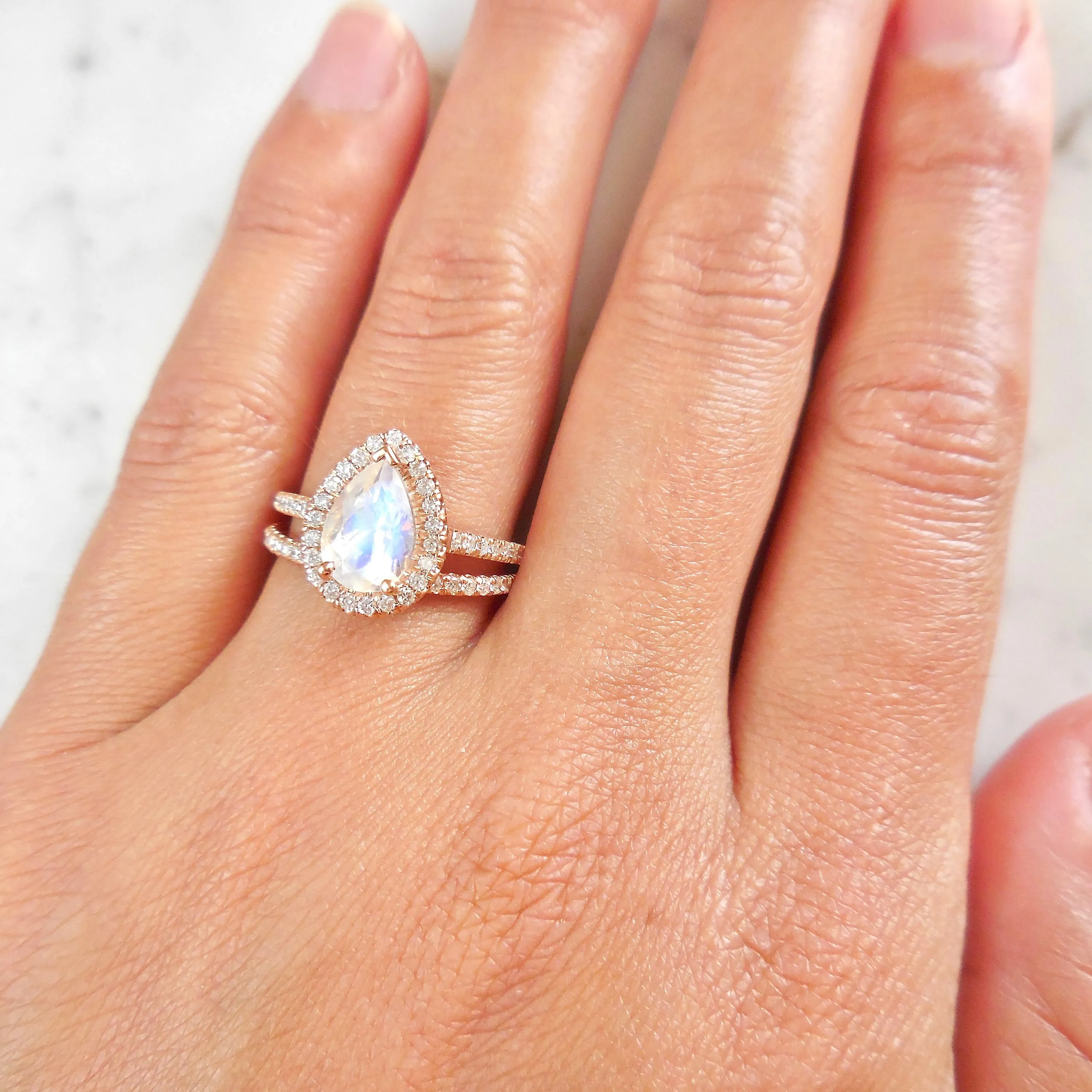 Pear Moonstone Halo Ring - Moonstone Diamond Engagement Ring or Wedding Set - Moonstone Wedding Set