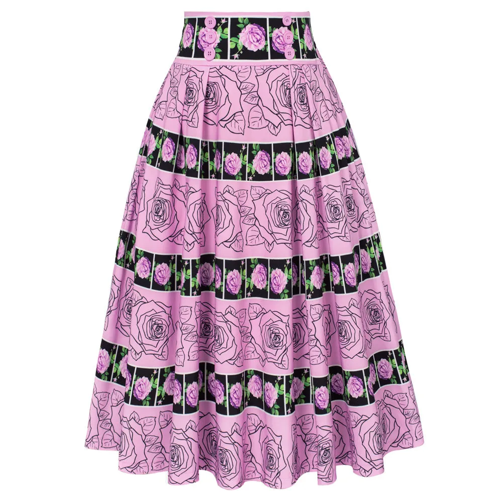 Pleated Buttons Decorated Elastic Waist High Waist Swing A-Line Skirt with Pockets