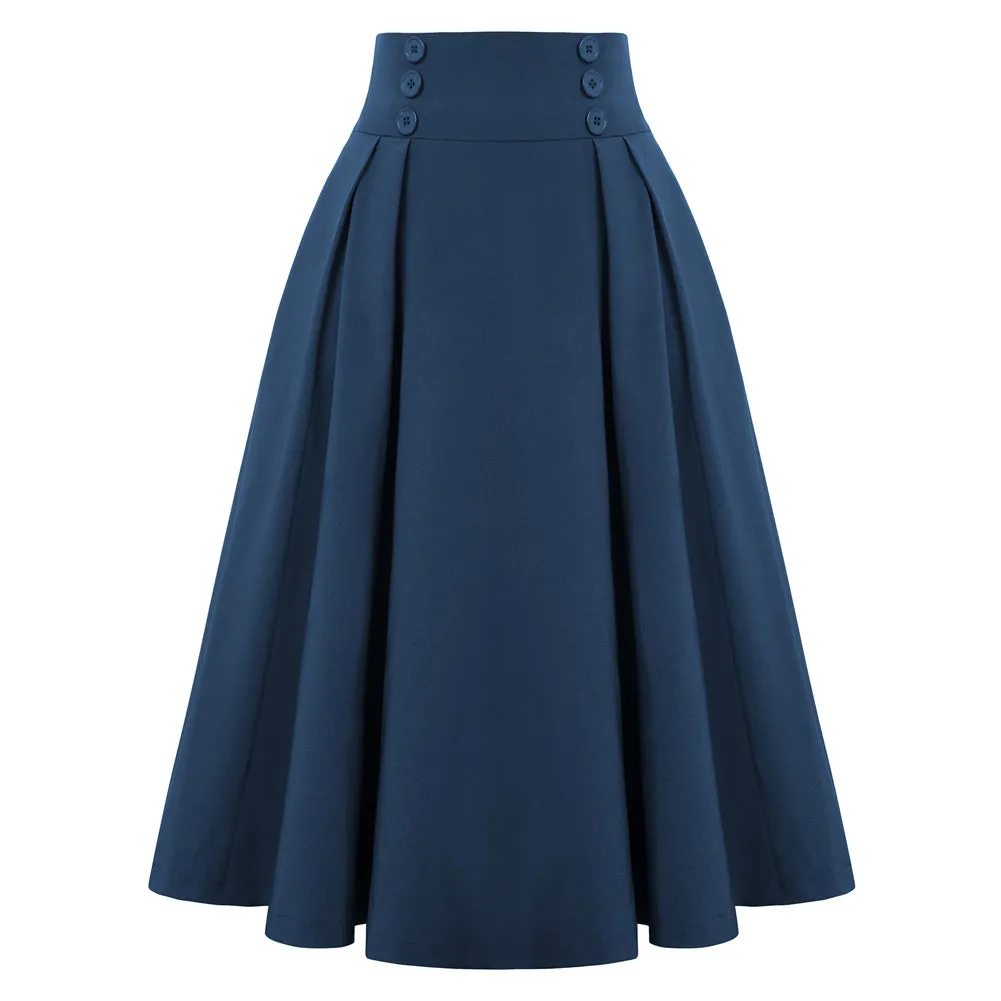 Pleated Buttons Decorated Elastic Waist High Waist Swing A-Line Skirt with Pockets