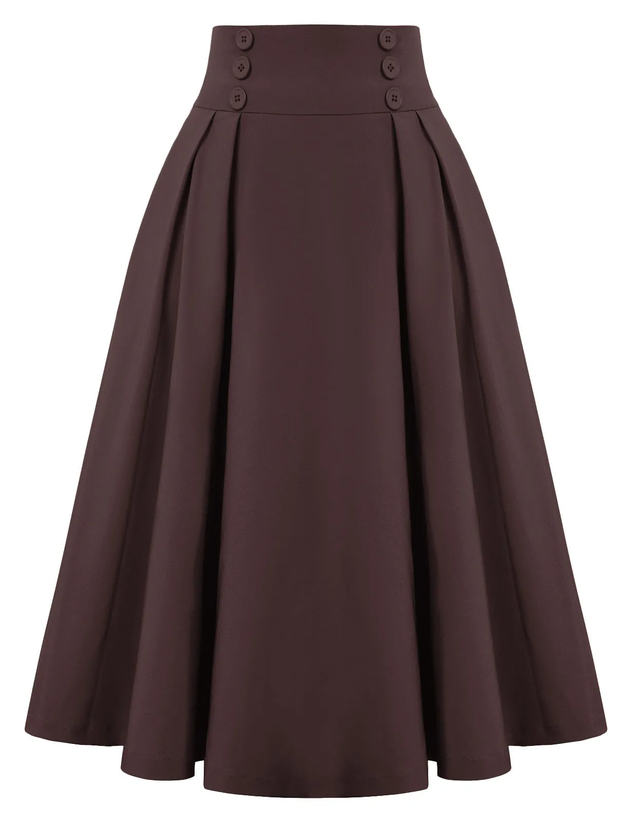 Pleated Buttons Decorated Elastic Waist High Waist Swing A-Line Skirt with Pockets