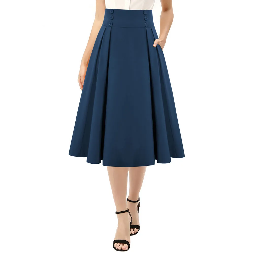 Pleated Buttons Decorated Elastic Waist High Waist Swing A-Line Skirt with Pockets