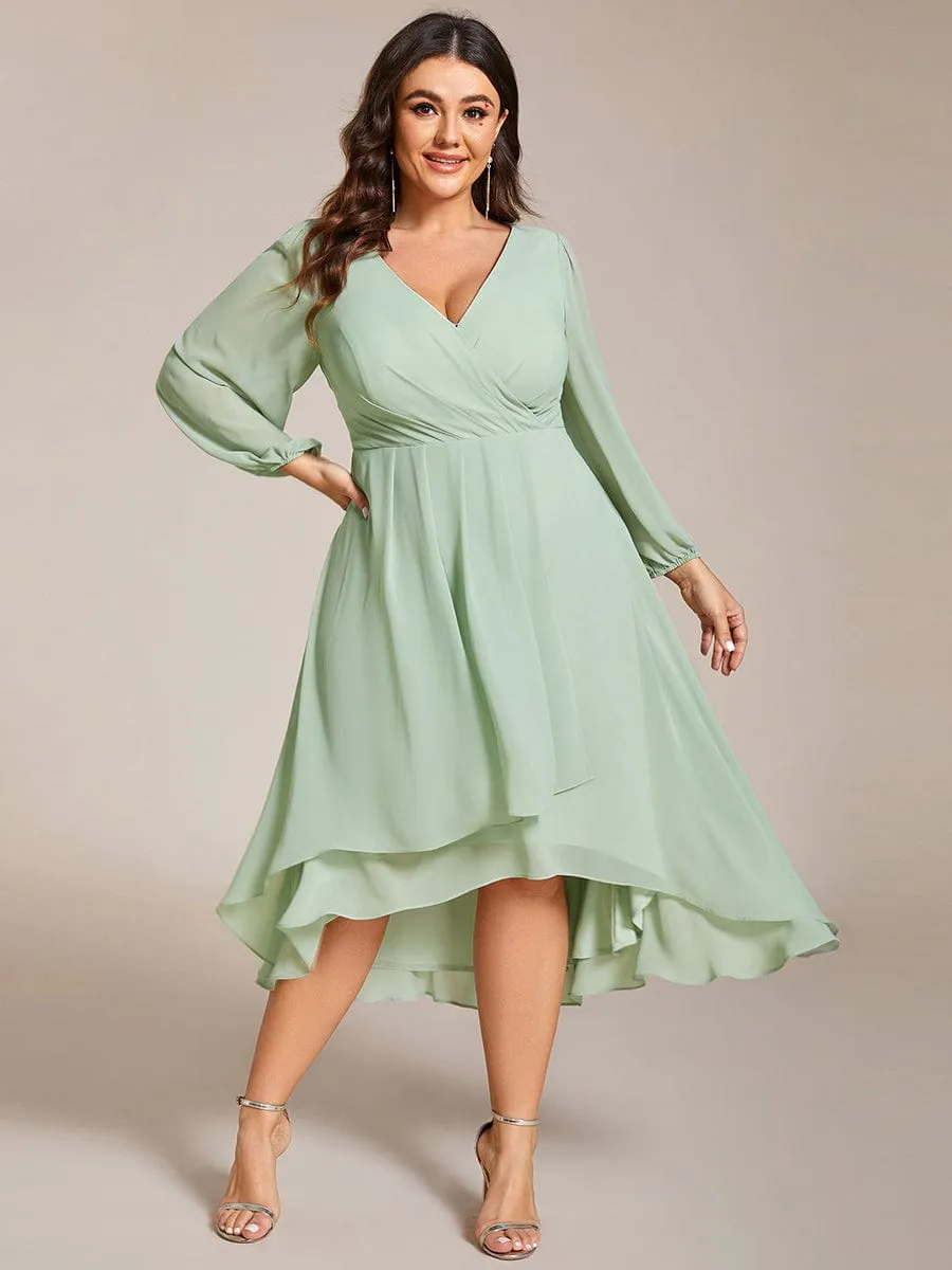 Plus Size Chiffon A-Line Long Sleeves Asymmetrical Hem Wedding Guest Dress