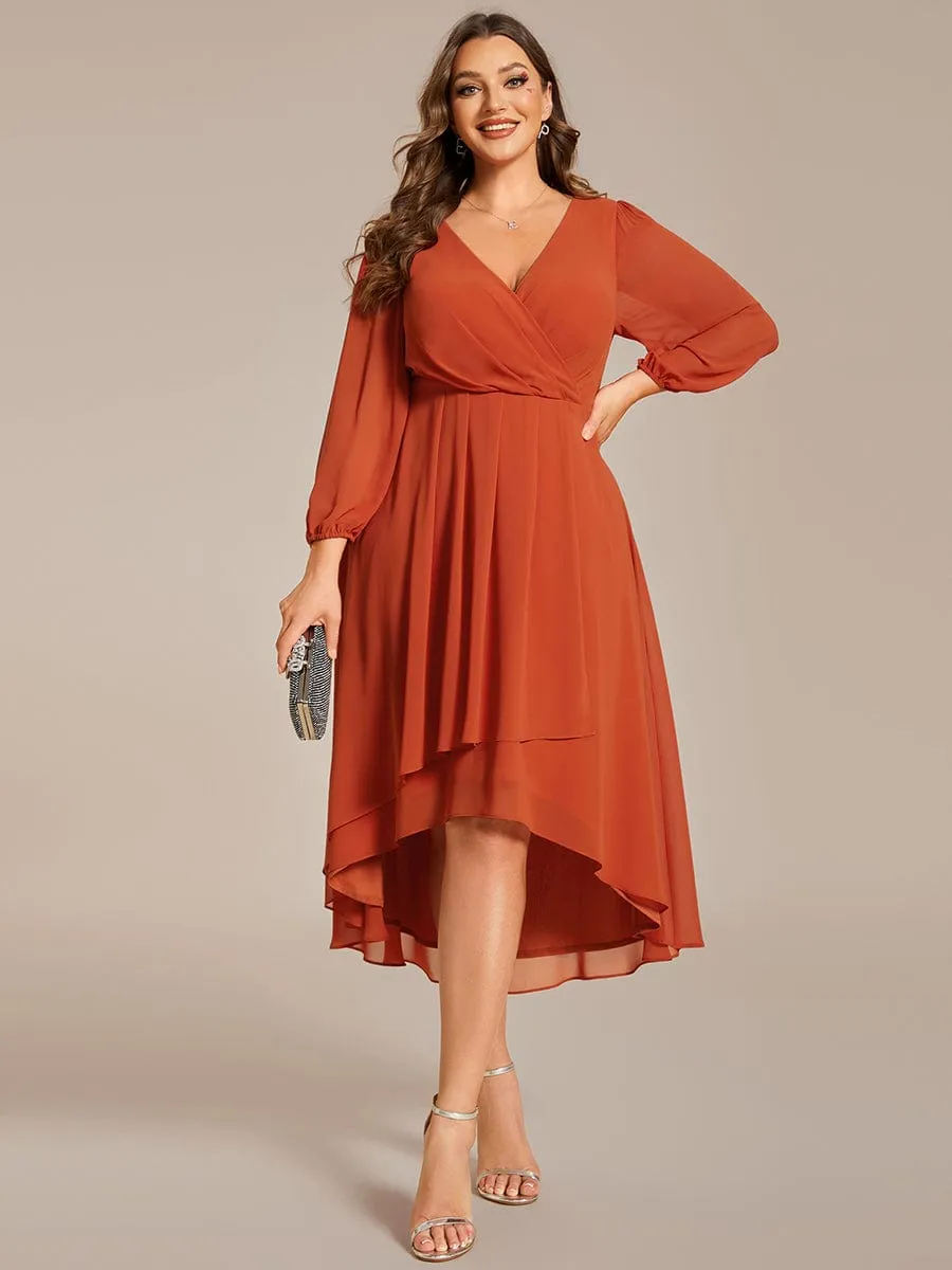 Plus Size Chiffon A-Line Long Sleeves Asymmetrical Hem Wedding Guest Dress