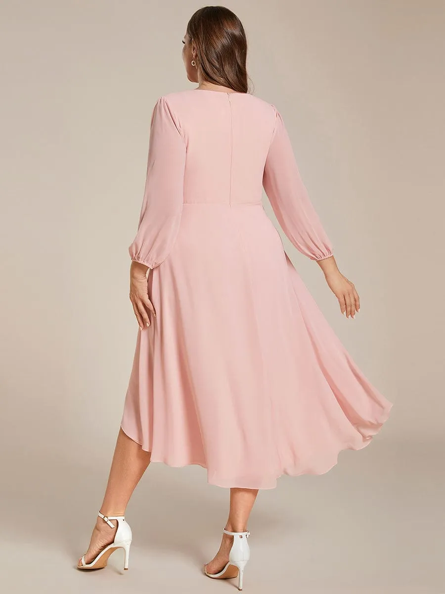 Plus Size Chiffon A-Line Long Sleeves Asymmetrical Hem Wedding Guest Dress