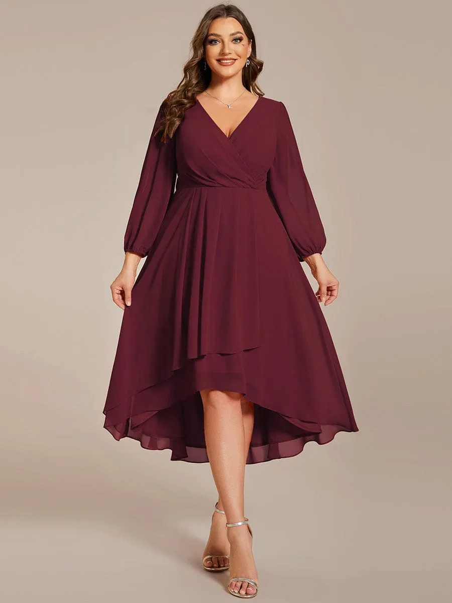 Plus Size Chiffon A-Line Long Sleeves Asymmetrical Hem Wedding Guest Dress