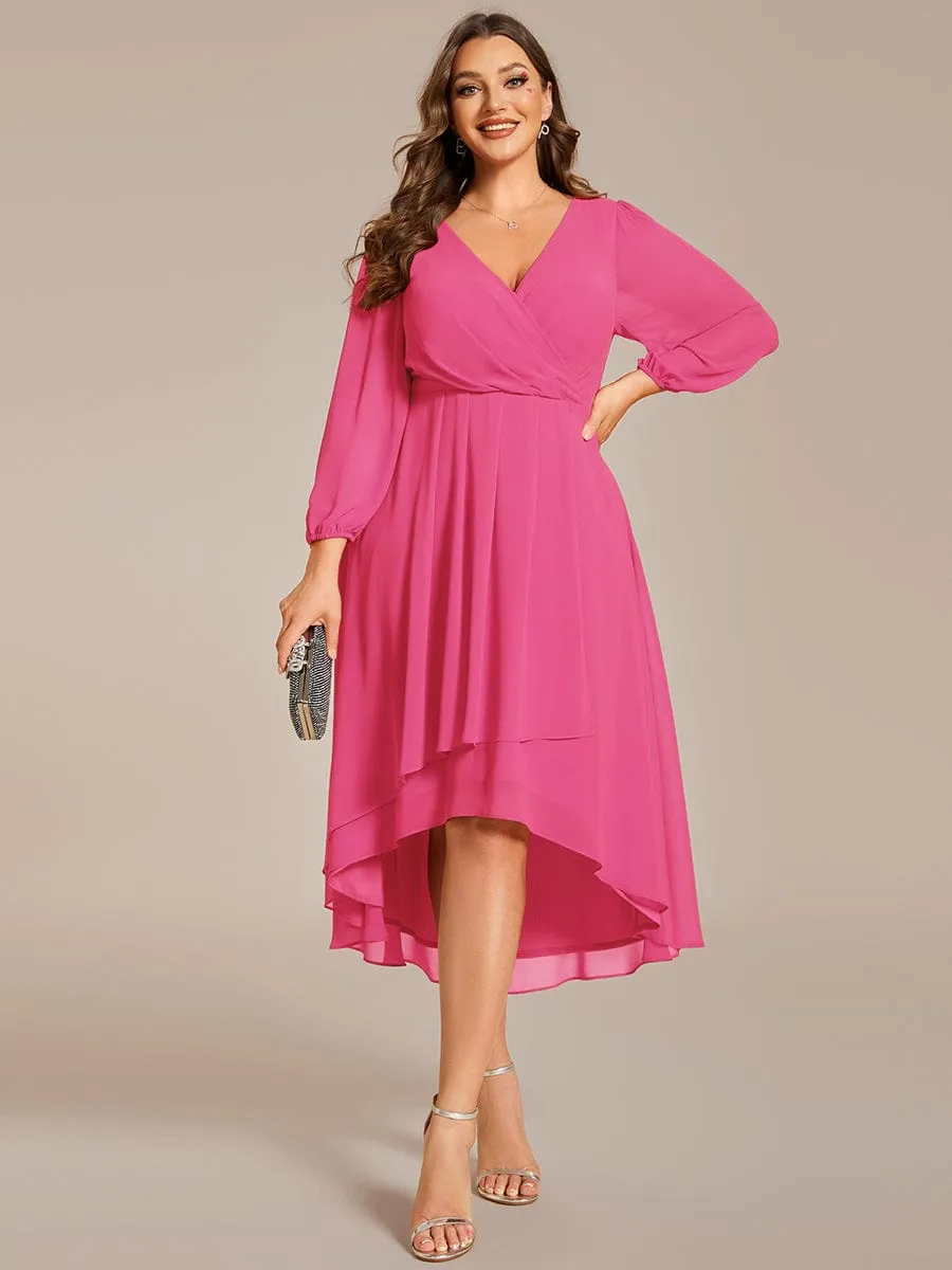 Plus Size Chiffon A-Line Long Sleeves Asymmetrical Hem Wedding Guest Dress