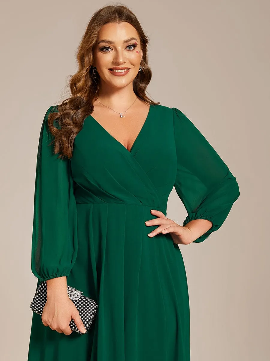 Plus Size Chiffon A-Line Long Sleeves Asymmetrical Hem Wedding Guest Dress