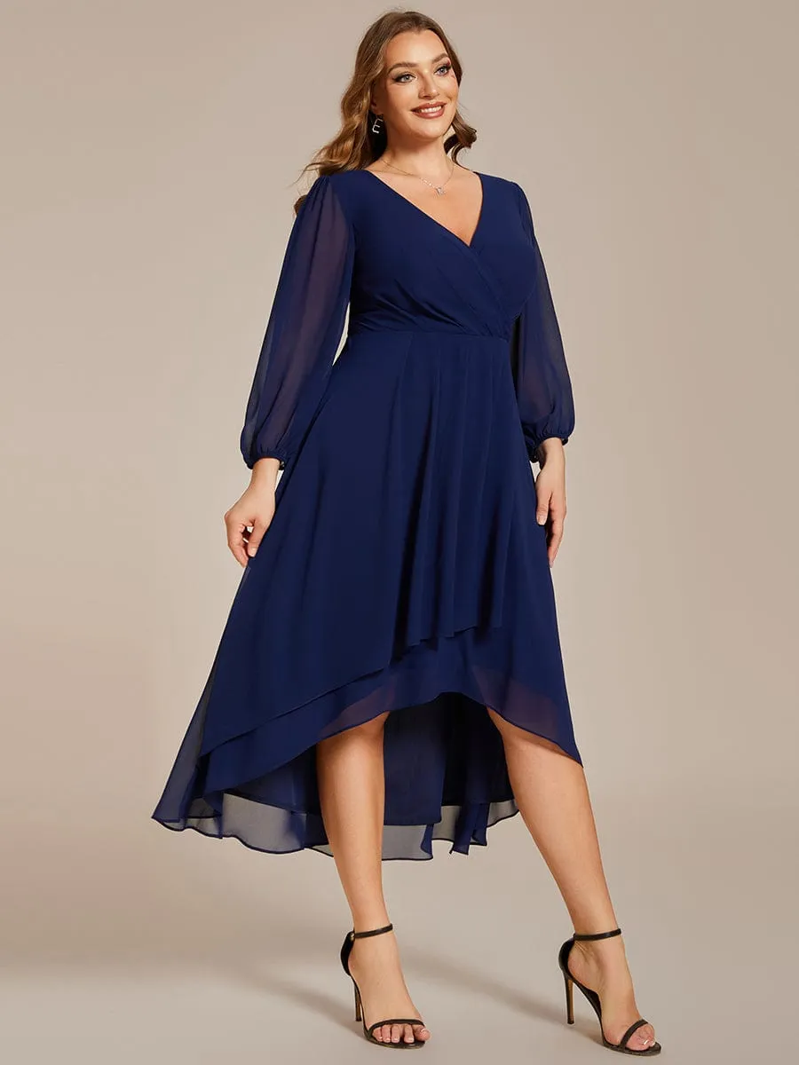 Plus Size Chiffon A-Line Long Sleeves Asymmetrical Hem Wedding Guest Dress