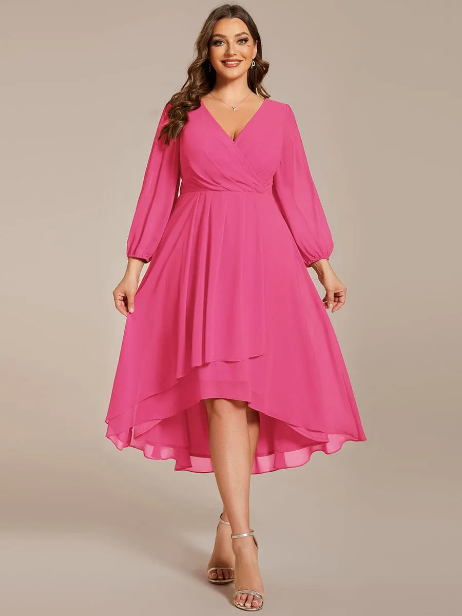 Plus Size Chiffon A-Line Long Sleeves Asymmetrical Hem Wedding Guest Dress