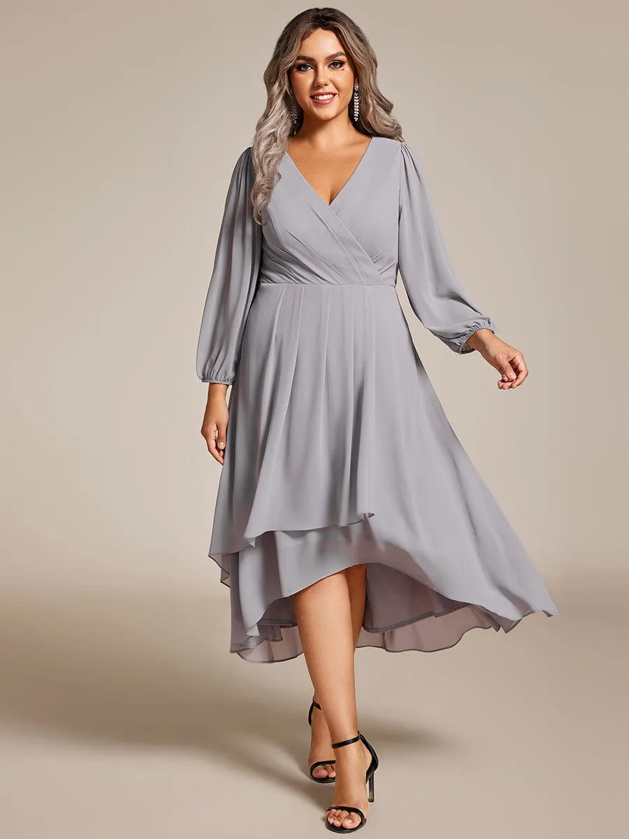 Plus Size Chiffon A-Line Long Sleeves Asymmetrical Hem Wedding Guest Dress