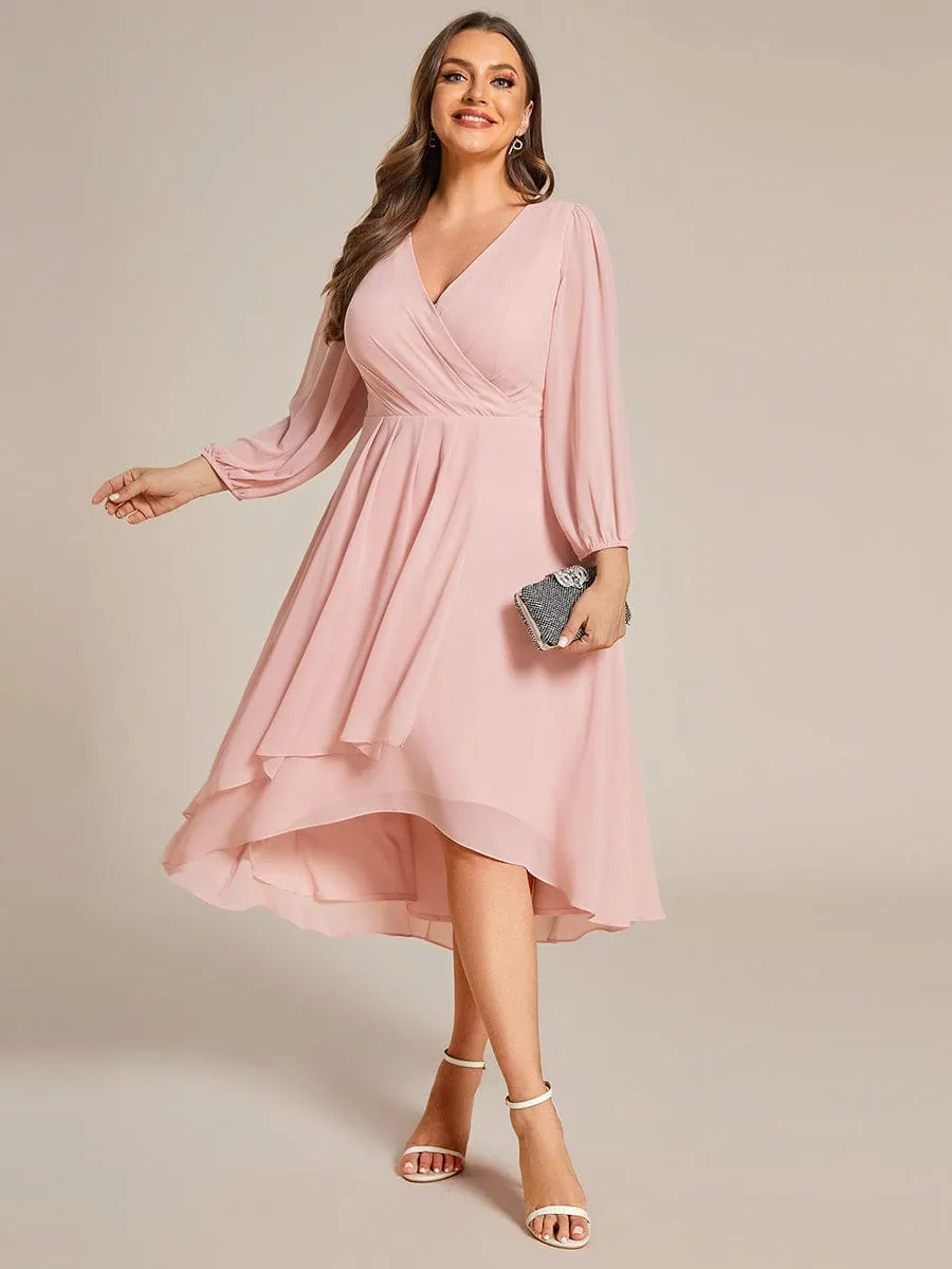 Plus Size Chiffon A-Line Long Sleeves Asymmetrical Hem Wedding Guest Dress