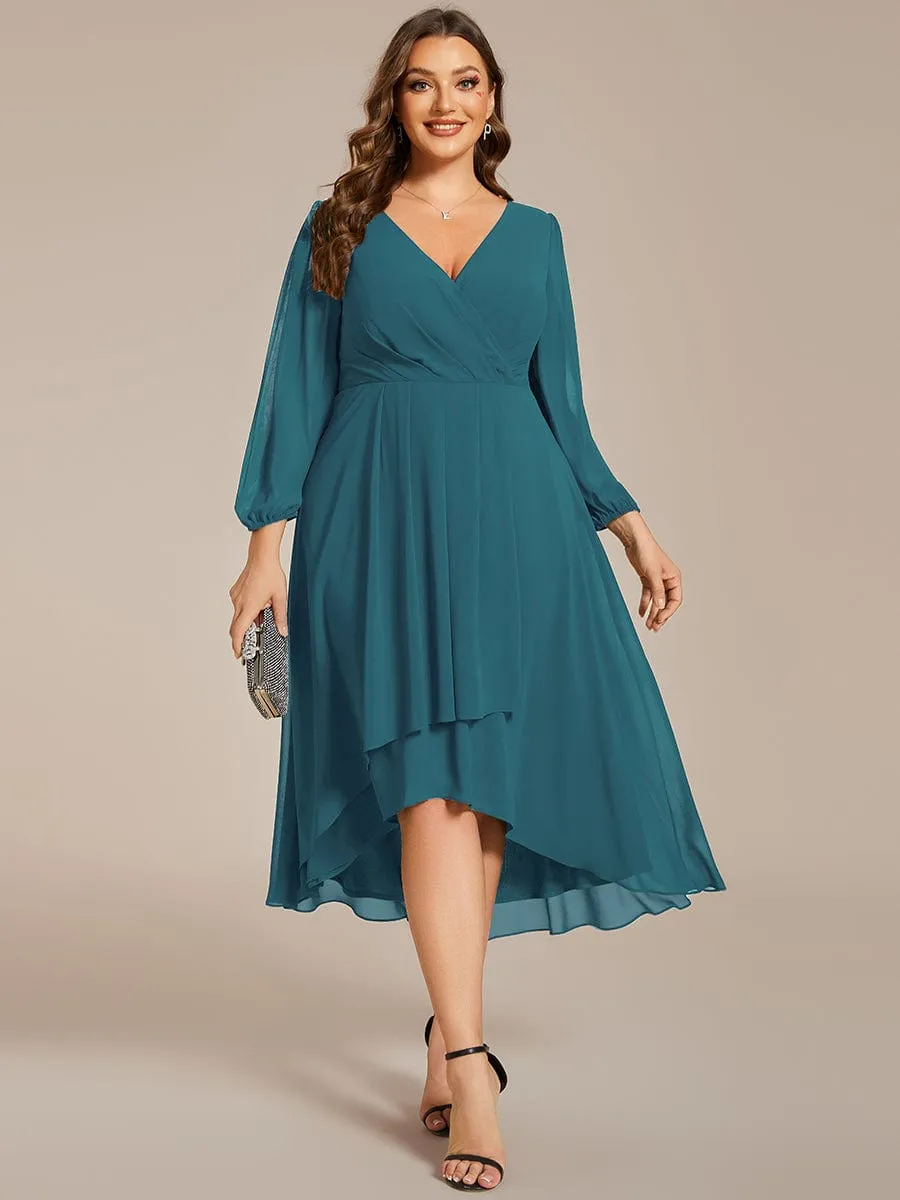 Plus Size Chiffon A-Line Long Sleeves Asymmetrical Hem Wedding Guest Dress