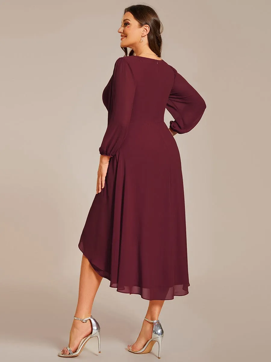 Plus Size Chiffon A-Line Long Sleeves Asymmetrical Hem Wedding Guest Dress