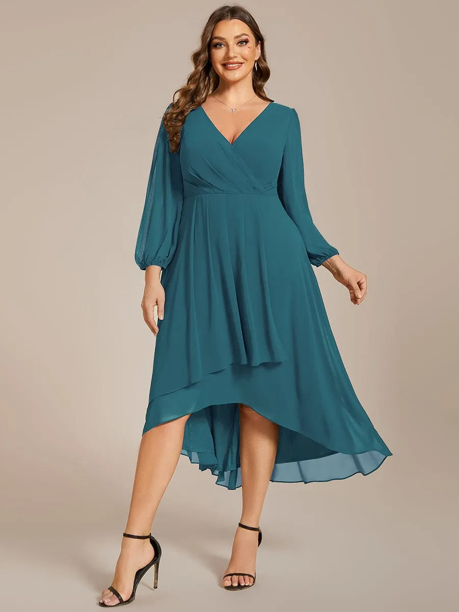 Plus Size Chiffon A-Line Long Sleeves Asymmetrical Hem Wedding Guest Dress