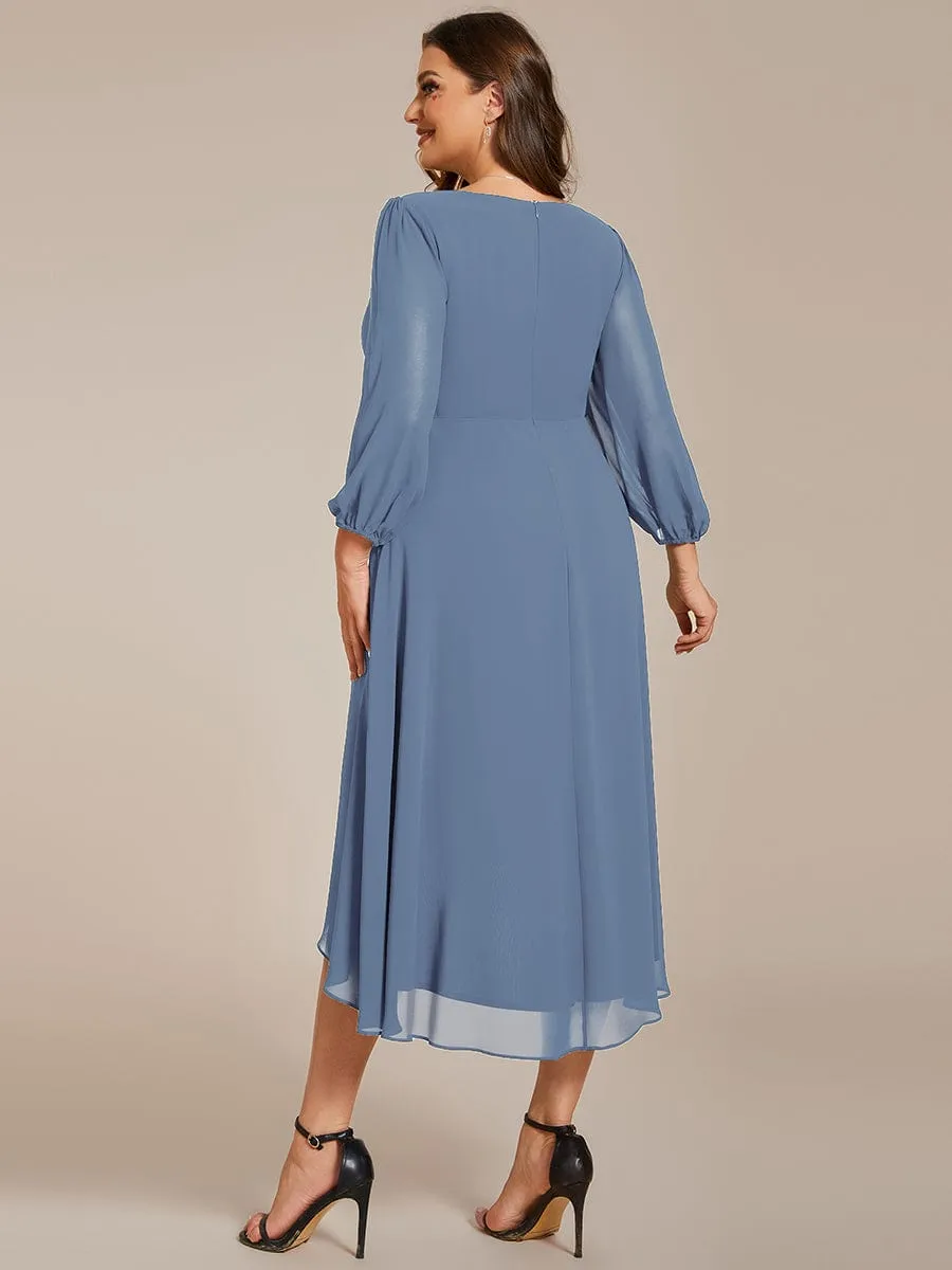 Plus Size Chiffon A-Line Long Sleeves Asymmetrical Hem Wedding Guest Dress