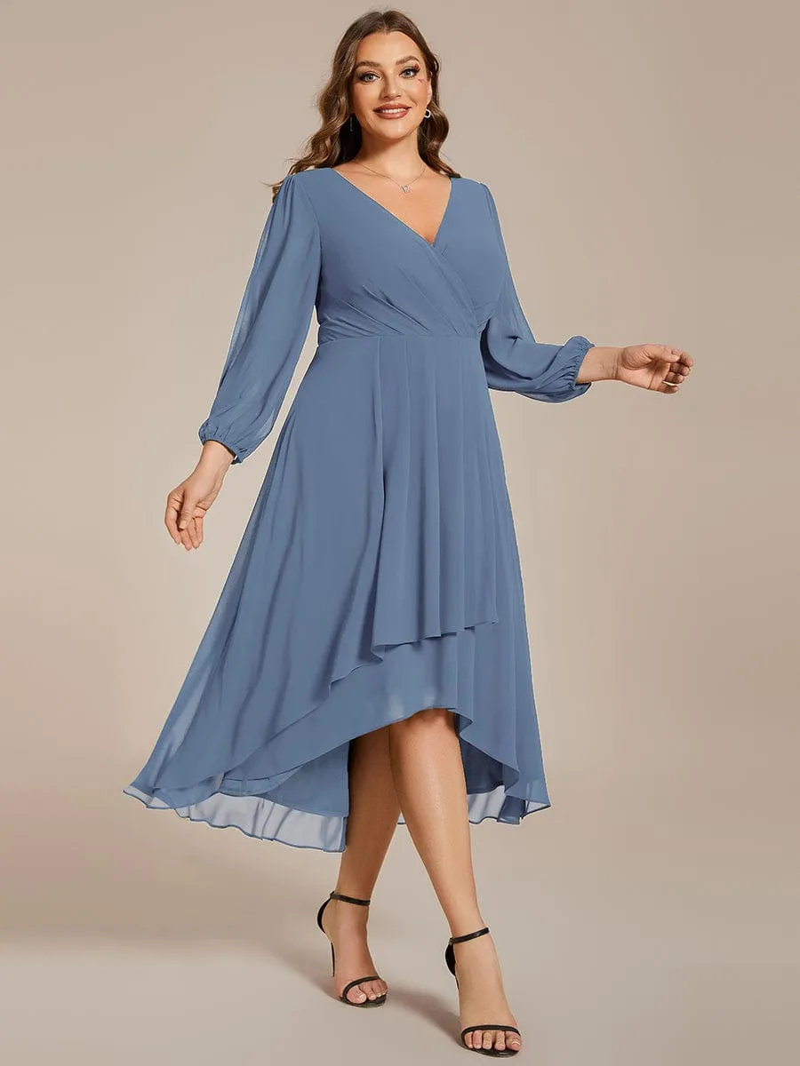 Plus Size Chiffon A-Line Long Sleeves Asymmetrical Hem Wedding Guest Dress