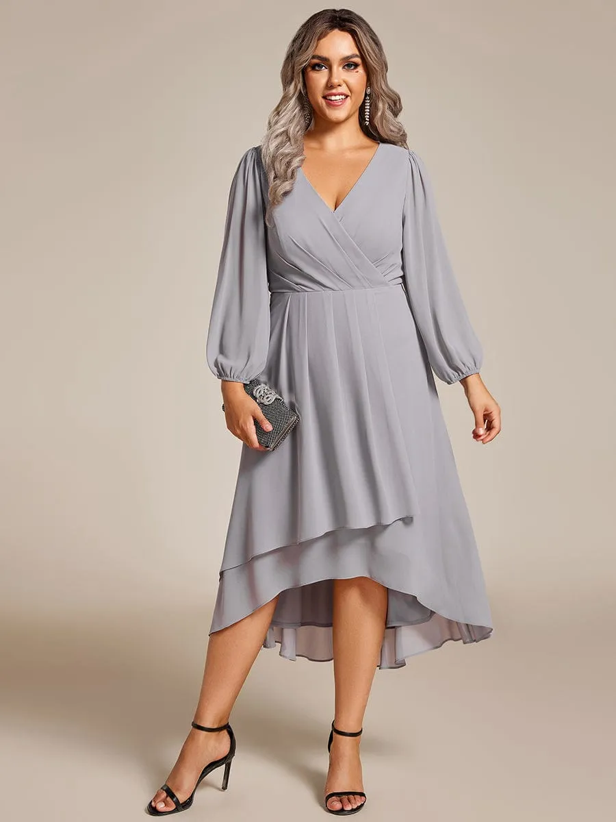 Plus Size Chiffon A-Line Long Sleeves Asymmetrical Hem Wedding Guest Dress