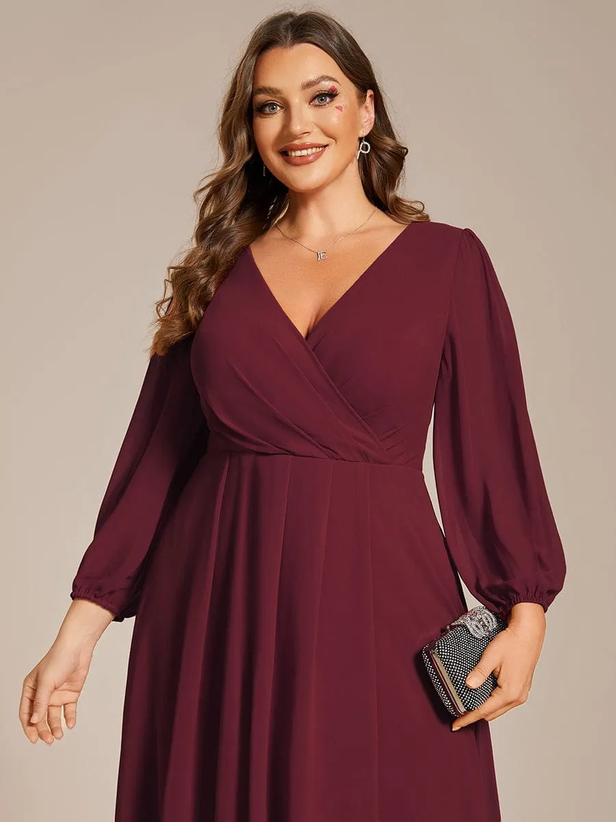 Plus Size Chiffon A-Line Long Sleeves Asymmetrical Hem Wedding Guest Dress