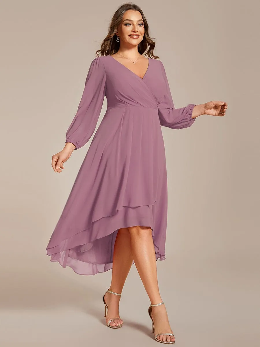 Plus Size Chiffon A-Line Long Sleeves Asymmetrical Hem Wedding Guest Dress