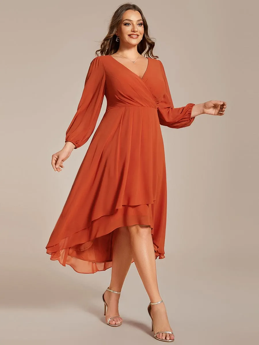 Plus Size Chiffon A-Line Long Sleeves Asymmetrical Hem Wedding Guest Dress