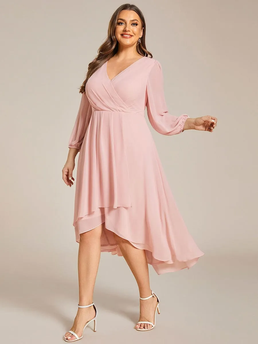 Plus Size Chiffon A-Line Long Sleeves Asymmetrical Hem Wedding Guest Dress