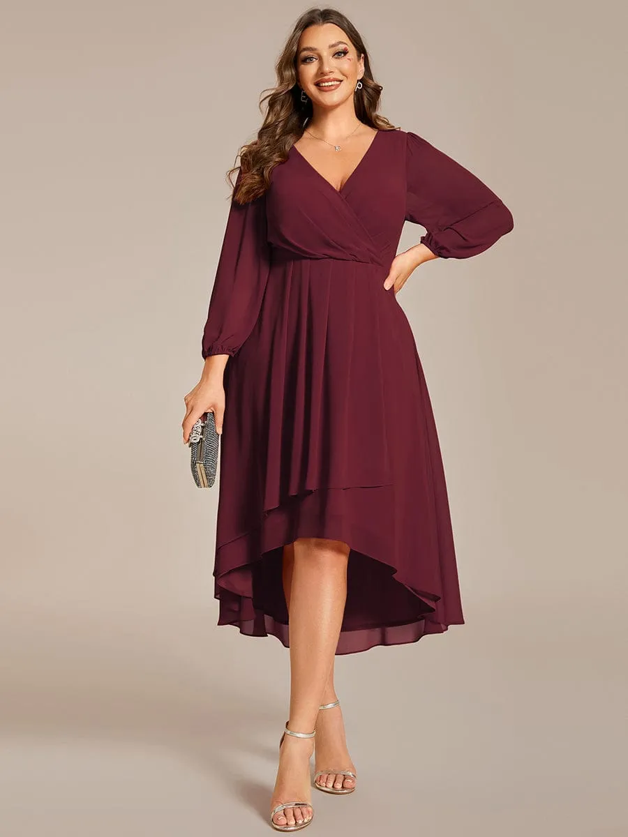 Plus Size Chiffon A-Line Long Sleeves Asymmetrical Hem Wedding Guest Dress