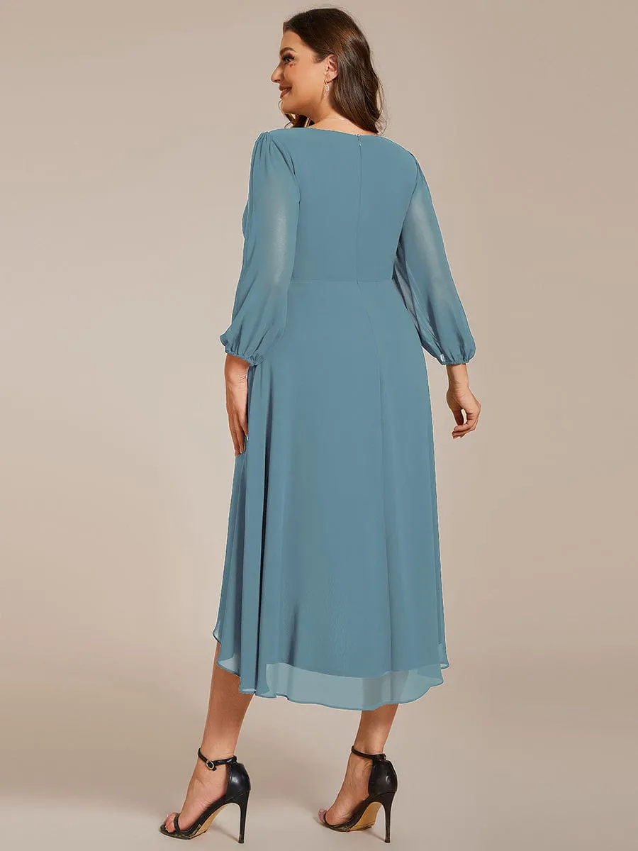 Plus Size Chiffon A-Line Long Sleeves Asymmetrical Hem Wedding Guest Dress