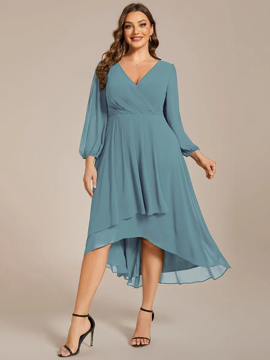 Plus Size Chiffon A-Line Long Sleeves Asymmetrical Hem Wedding Guest Dress