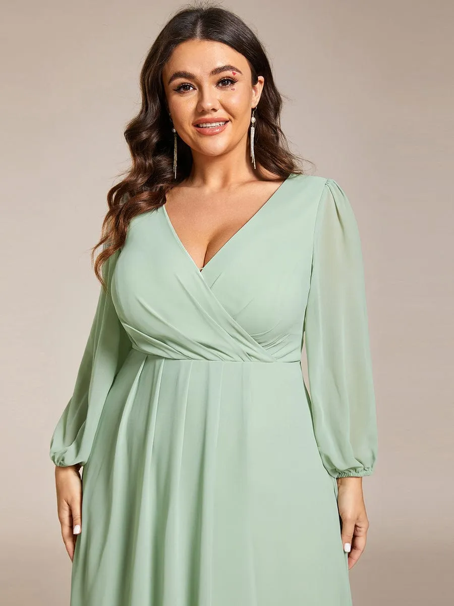 Plus Size Chiffon A-Line Long Sleeves Asymmetrical Hem Wedding Guest Dress